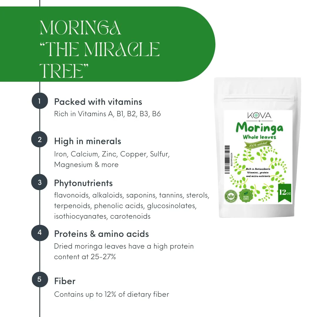 Kovafood Moringa Whole Leaves. Non GMO, Organic, 100% Raw, Pure & Natural Leaves only. No Stems - 12oz - Image 4